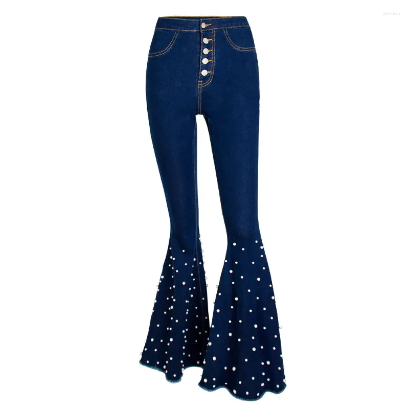 Women's Jeans High Waist Stretch Pearl Women Flare Pants Wide Leg Boot Cut Denim Trousers Beaded Diamonds Bell Bottom Palazzo Bootcut