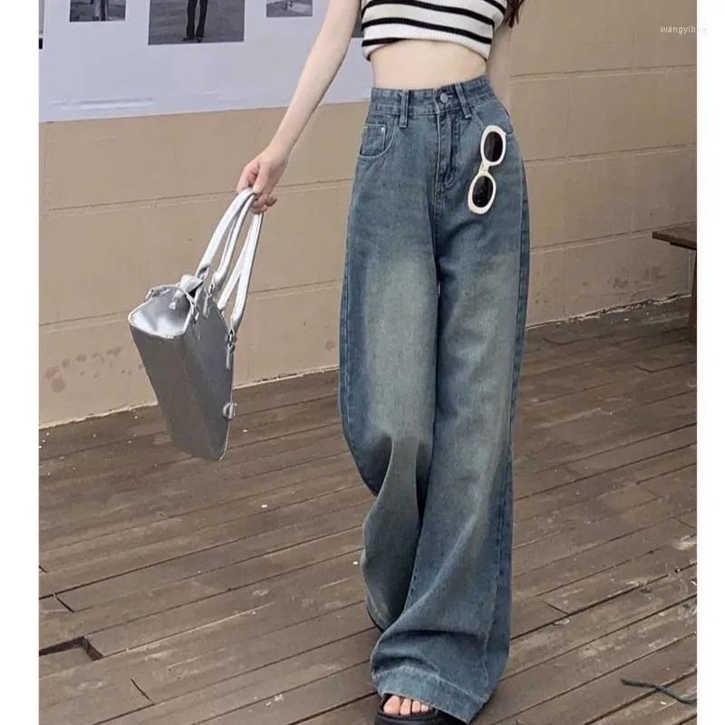 Kvinnors jeans koreanska mode nödställda avslappnad 2023 sommar hög midja knapp rak full längd bred ben byxor lösa vintage y2k