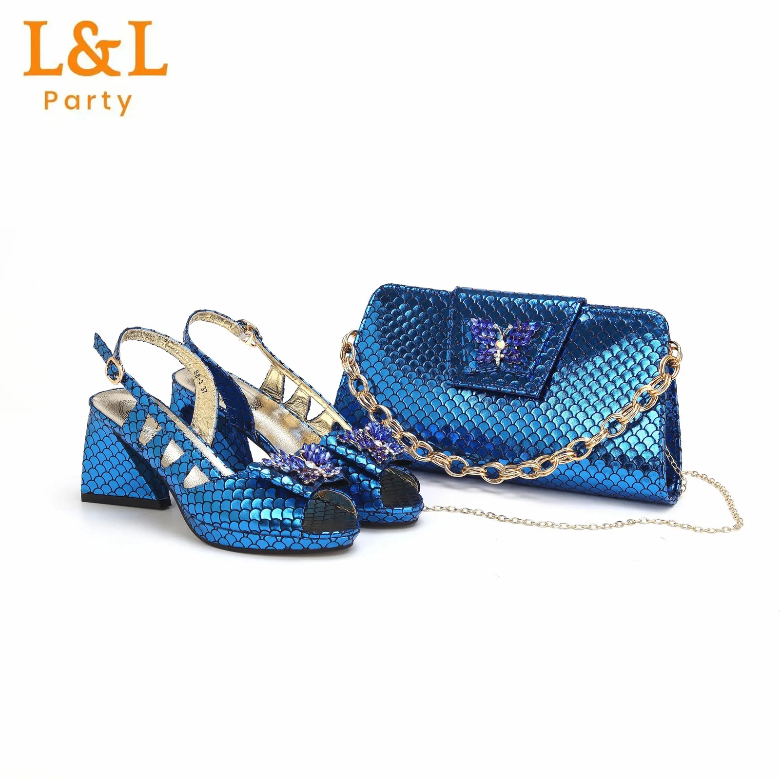 حذاء اللباس 2024 Royal Blue Fish Scale Design Material Sadies Shoes Bag Bag for African Women Wedding Party 231108