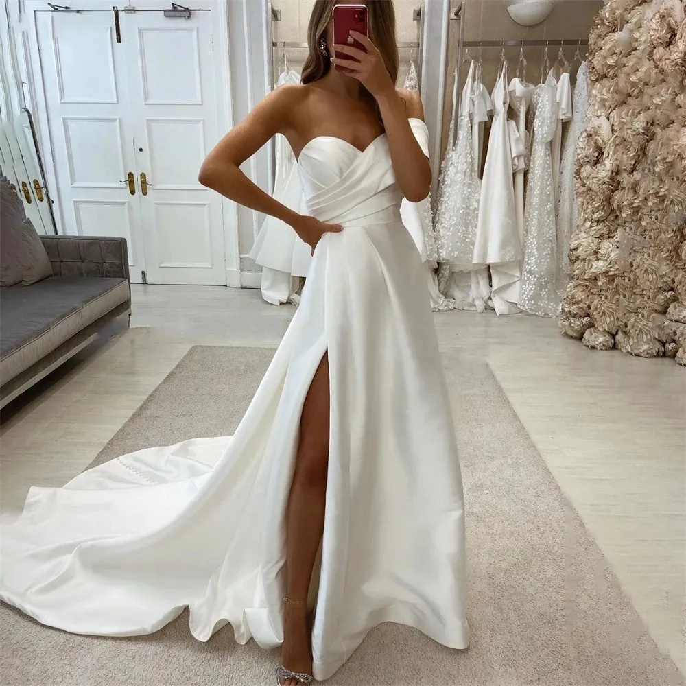 2024 Nowa suknia ślubna One ramię plisowana boku Satin A-Line Formal Suknie księżniczki Vestidos de novia