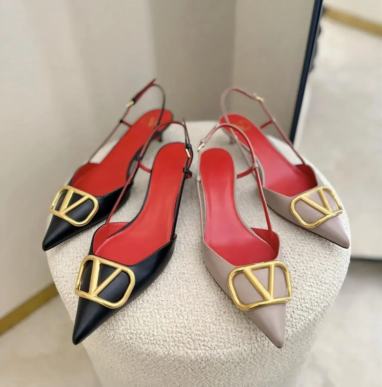 Brand Designer Sandals High Heel Pointed Toe Shoes Classic Metal V Buckle 6cm 8cm 10cm Stiletto Heel Genuine Leather Women's Wedding Shoes with Dust Bag 35-44