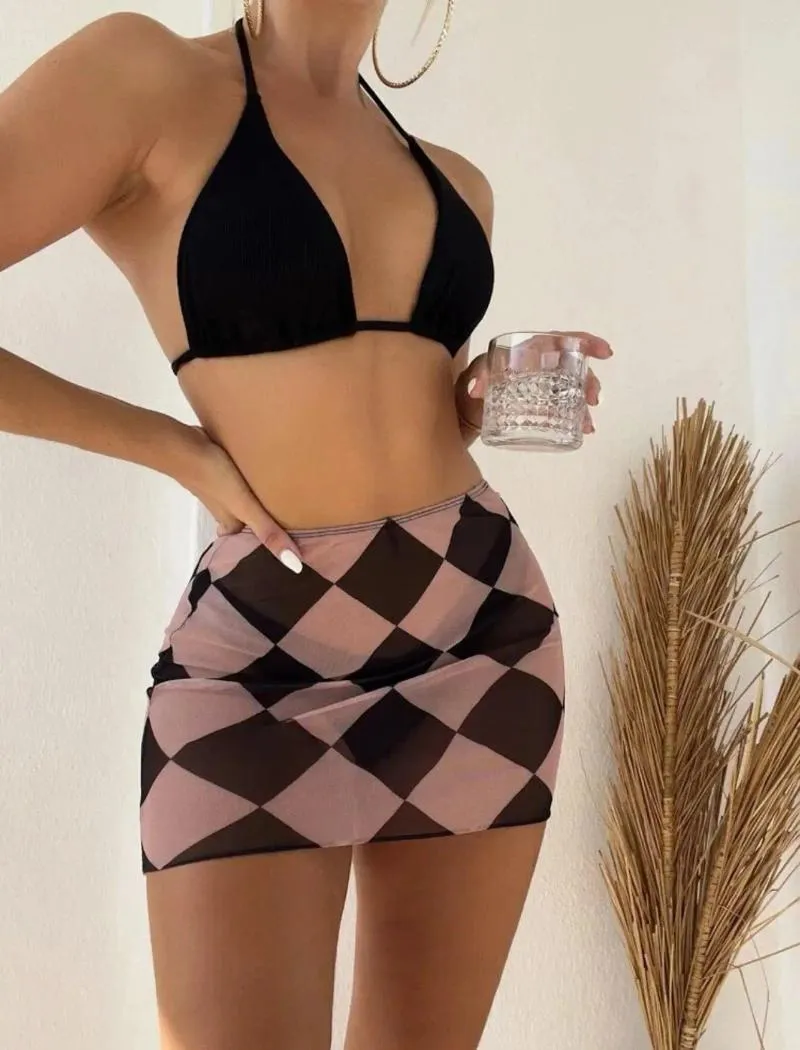 Costumi da bagno da donna Set da 3 pezzi da donna Completi estivi Top e mini gonna in rete Bikini Sexy Party Club per le donne Costume da spiaggia per le vacanze Nuoto