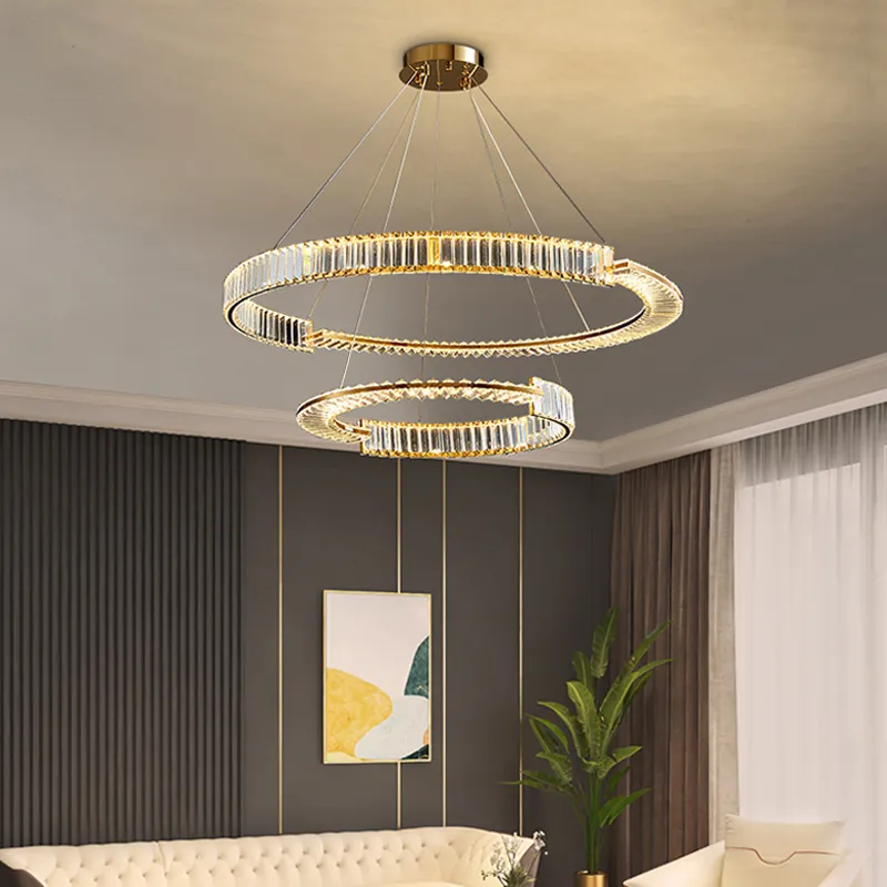 Lampadario moderno di lusso leggero in cristallo americano adatto per soggiorno, camera da letto, sala da pranzo, lampadario ad anello a 3 strati