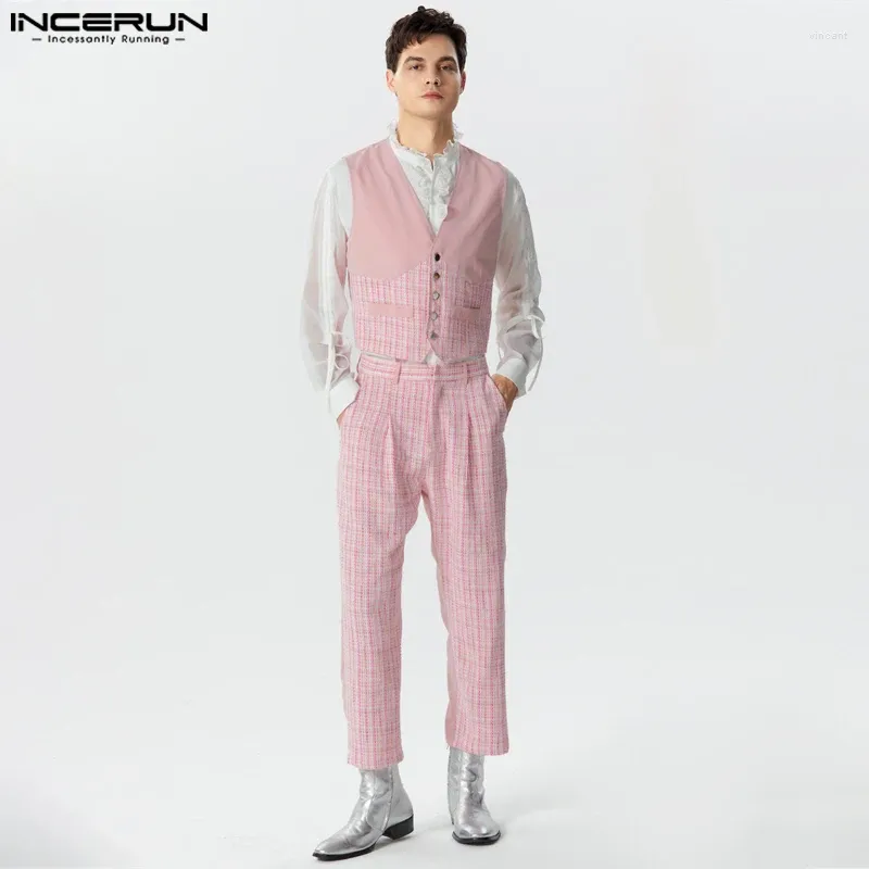 Men's Tracksuits INCERUN 2023 American Style Fashion Sets Splicing V-neck Vest Solid Pants Casual Streetwear Two-piece S-5XL