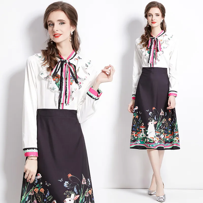 Vintage Rabon Bow Sukienka Midi Designer mody Długie rękaw Elegancki nadruk Slim A-Line wakacyjny sukienki na wakacje 2023 Spring Autumn Strase koszulki na guziki