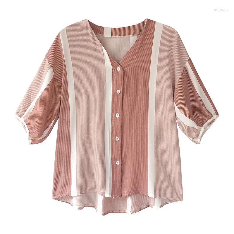 Damesblouses misschien je chiffon korte mouw gestreepte roodgrijs v nek knop blouse shirt vrouwen vrouwelijk b0147