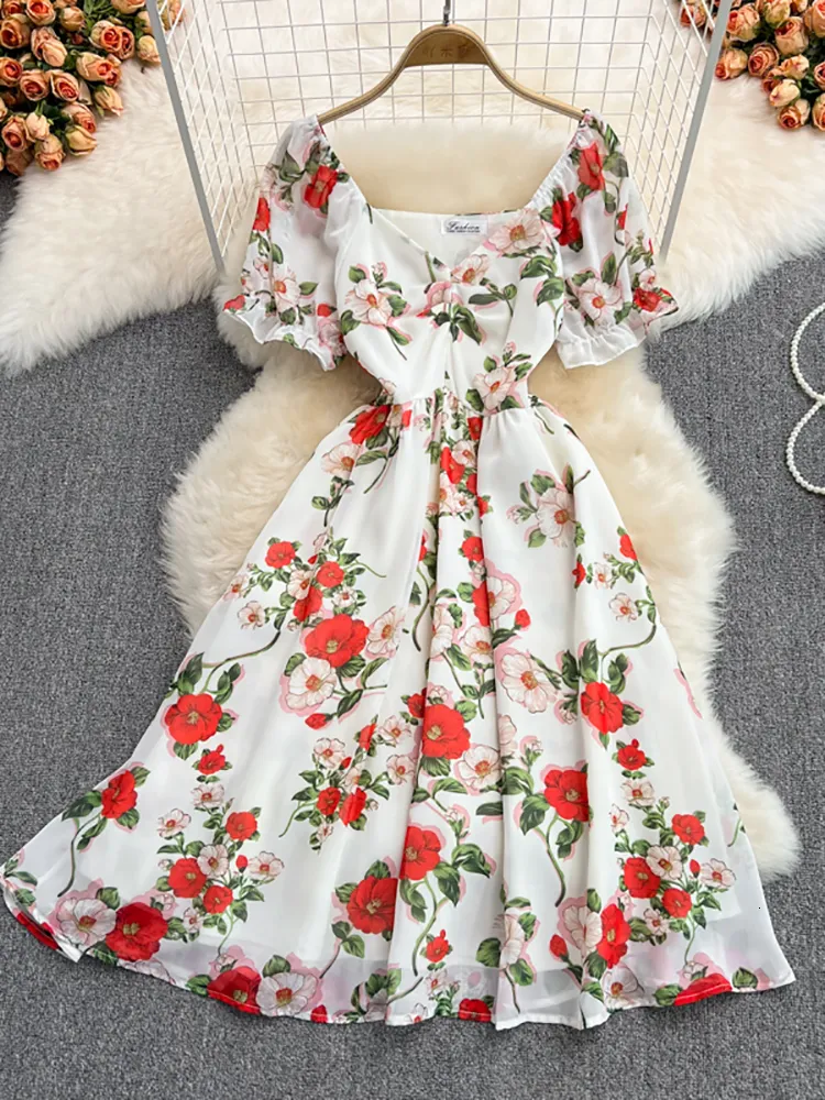 Summer Dresses Short Floral Chiffon Dress Blue Pink Floral Floral Babydoll  Dress For Women Chiffon Cute