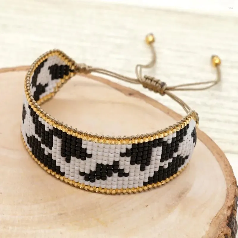 Bracciale con perline in filo di design, stampa leopardata in bianco e nero, originalità, lavorazione a mano, marea regolabile, semplice perla di riso