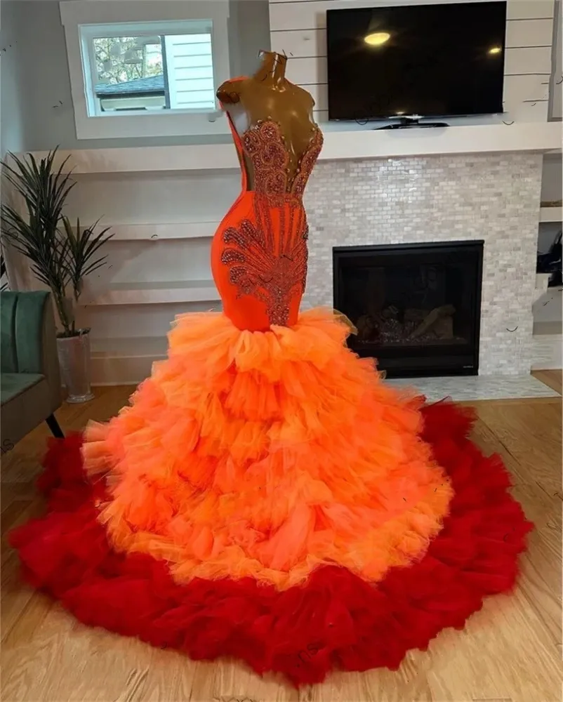 Orange O Hals Abendkleid für schwarze Mädchen Geburtstagsfeier Kleider Perlen Kristall Rüschen Promkleider gestriebene Meerjungfrau Robe de Bal