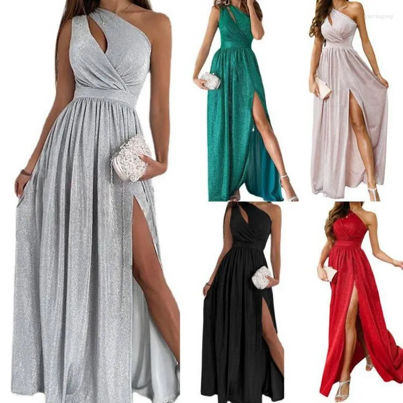 Casual Dresses 2023 Summer Women's One Shoulder Sleeve Cross Off Dress Waist Sexy Solid Color Shiny Split Temperament Long