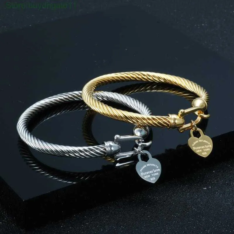 Titanium Steel Cable Wire Gold Color Love Heart Charm Bangle Tiffa T-home Bracelet with Hook Closure for Women Men Wedding Jewelry Gifts1 Jc5f