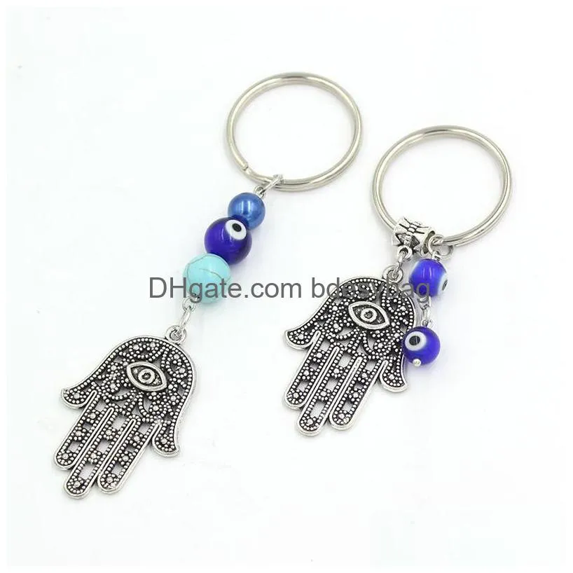 Schlüsselanhänger Großhandel Lucky Hamsa Fatima Hand Schlüsselanhänger Schlüsselanhänger Auto Schlüsselanhänger Blau Türkisch Evil Eye Kette für Frauen Männer Schmuck Geschenk Drop Dh8Lw