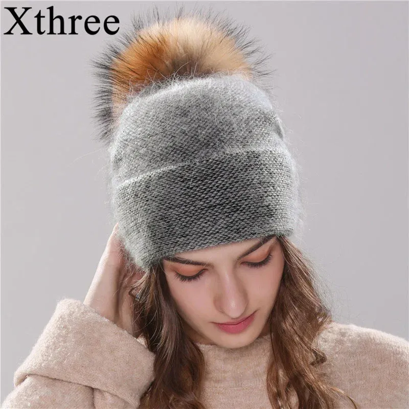 Beanie / Skull Caps Xtrês Chapéu Feminino Gorro de Inverno Malha Hhat Angola Rabbit Fur Bonnet Girl's Hat Fall Feminino Cap Com Pele Pom 231108