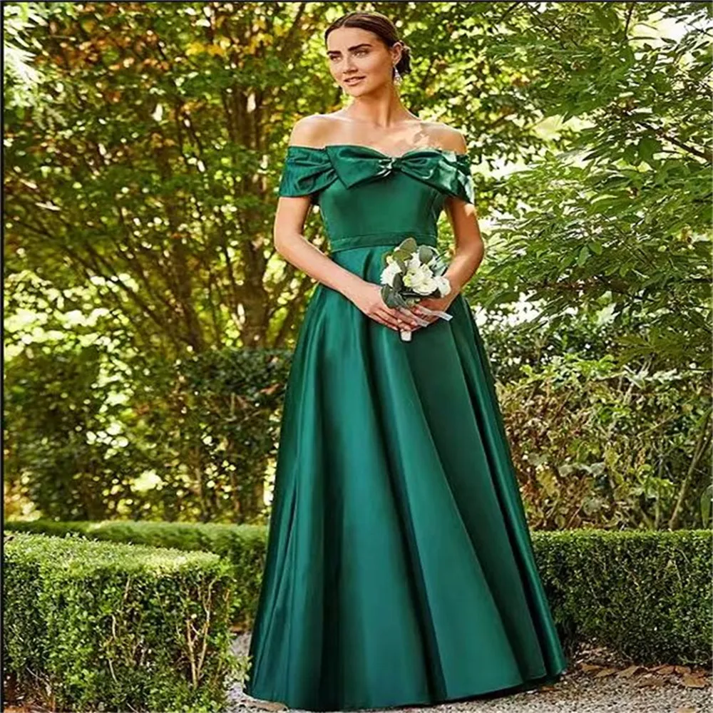 Изумрудно-зеленое платье для выпускного вечера, длинные атласные трапециевидные платья с открытыми плечами, вечерняя одежда, модные длинные вечерние платья с реальным изображением с бантом