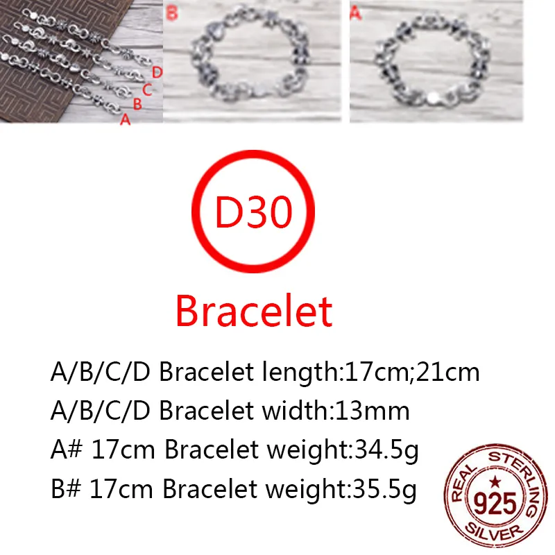 D30 S925 Bracelet en Argent Sterling Croix Fleur Six Étoiles Mode Simple Réseau Rouge Personnalité Couple Punk Beau Hip Hop Bijoux Cadeau pour Amoureux