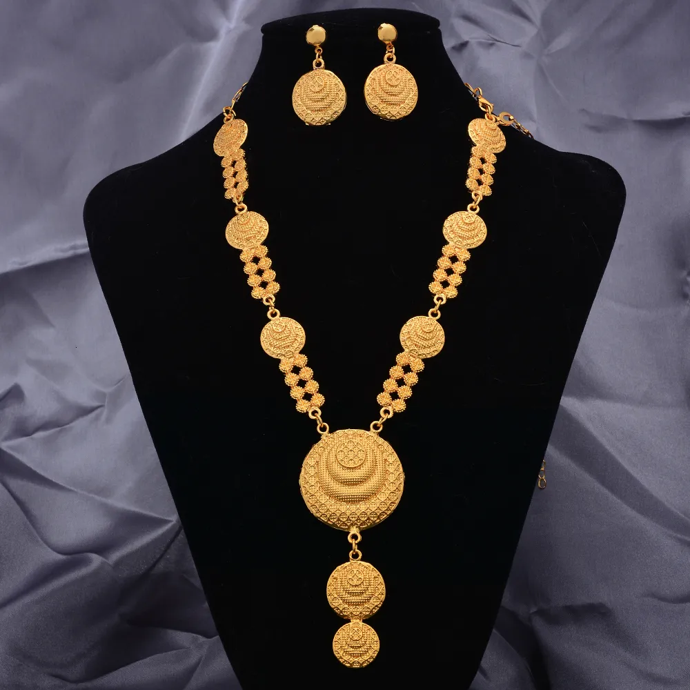 Oorbellen ketting 24k gouden kleur sieraden sets voor vrouwen meisje ketting oorbellen India bruiloft Ethiopische sieraden set 230408