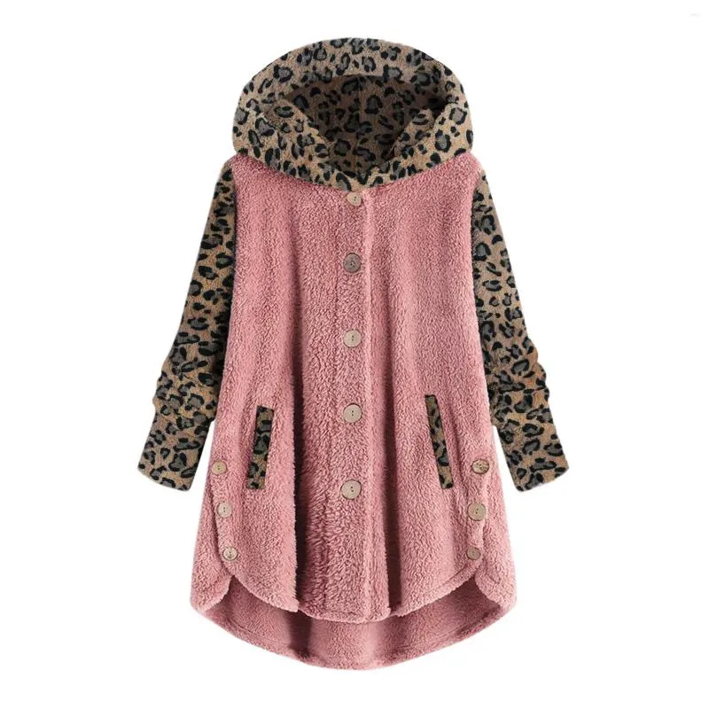 Women's Jackets 2023 Autumn Plush Coat Single Breasted Button Long Sleeve Leopard Pattern Patchwork Hooded For Women