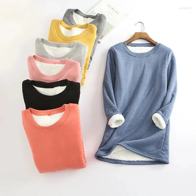 Women's T Shirts Winter Cotton Warm Women Lambs Wool Shirt Thick Fleece Long Sleeve Thermal Underwear Tops Pink Tumblr O Neck T-shirt Tees