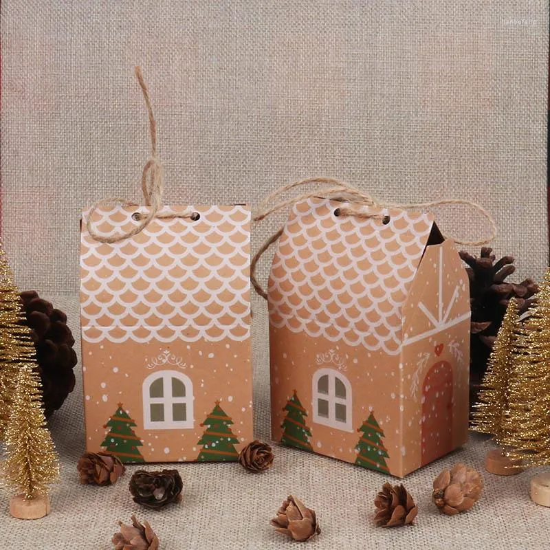 Present Wrap 5/10pcs Christmas Kraft Paper Boxes House Shape With Ropes Candy Bags Packaging Box For Navidad Kids Year