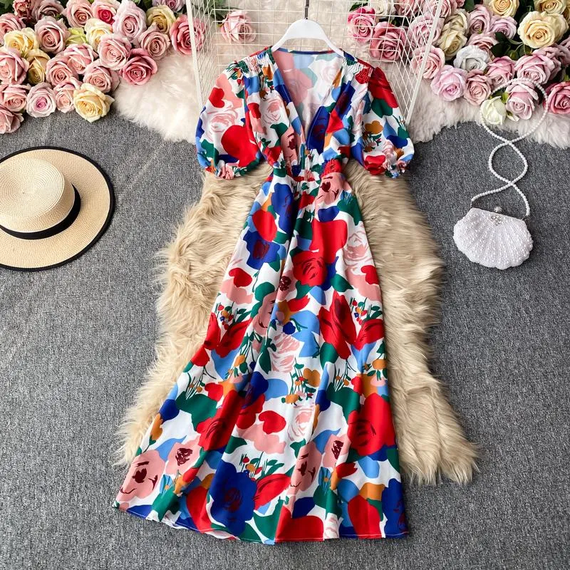 Casual Dresses Summer Bohemian Printed Dress Women Sexy V-Neck Puff Short Sleeve High Waist A-Line Slim Vestido Female Midi Robe