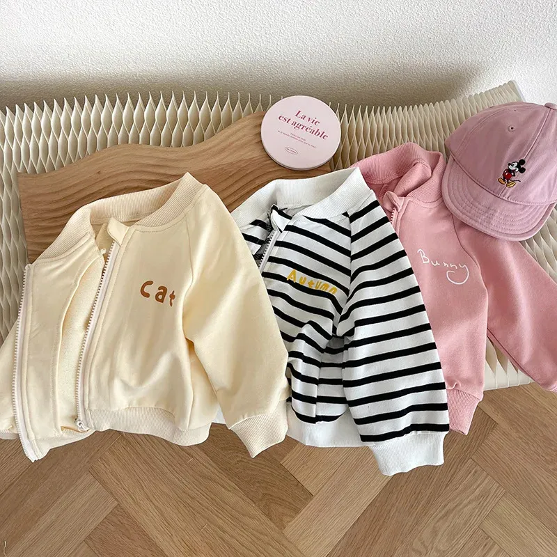 Coat Lovely Baby Boy Girl Baseball Jacket 0-4 Years Toddler Kids Long Sleeve Zipper Cartoon Mönster Striped Coat Active Spring Clothes 231108