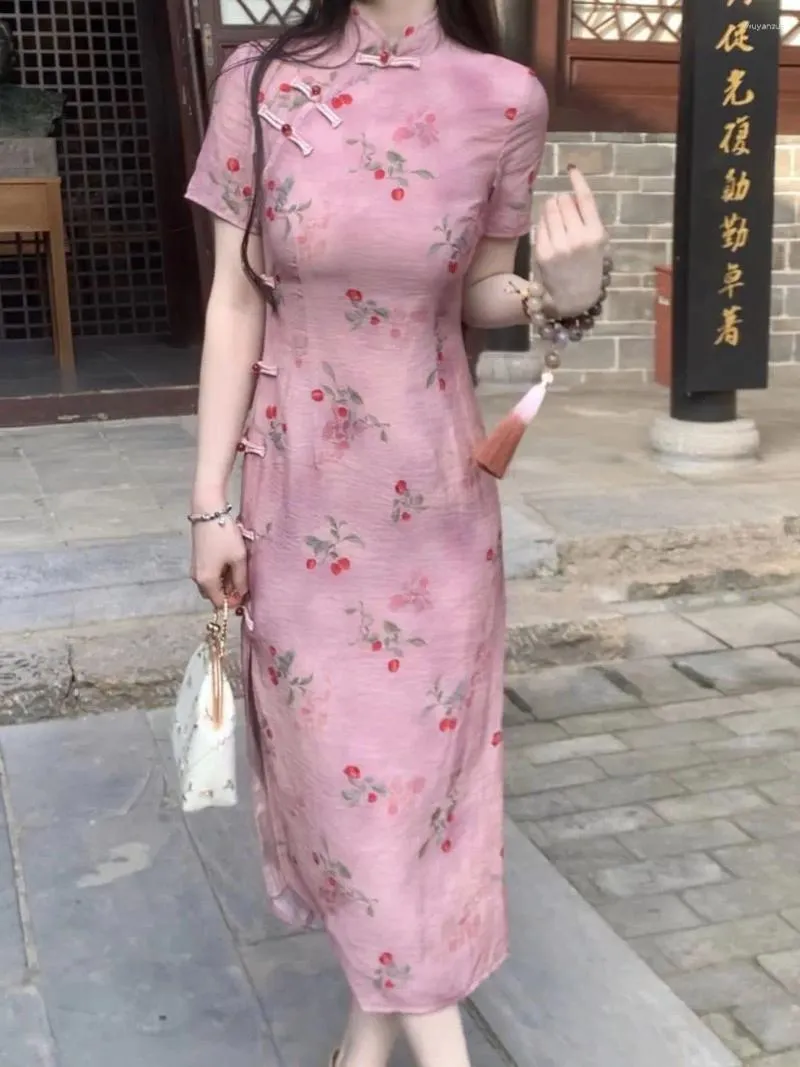 エスニック服の夏のQipaoフローラル中国の半袖モダンドレスエレガントなチョンサムガールズピンクプリントファッションドレス