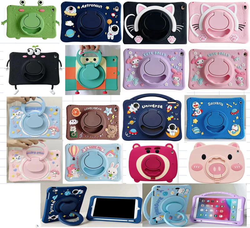 Kids Cute Cartoon Shockproof Tablet-fodral för iPad 10.2 10.5 10.9 mini 1/2/3/4/5 6 9.7 11 360 Rotation Kickstand Handhållare Mjukt silikonskydd Skal