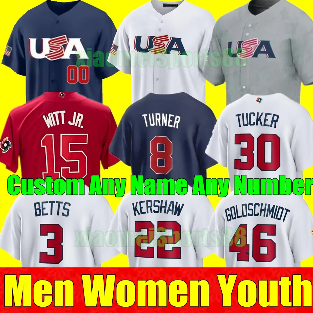 2023 Custom S-4XL Team USA Baseball Jerseys Mike Trout Bobby Witt Jr. Nolan Arenado Nestor Cortes Clayton Kershaw Realmuto Betts Tucker Alonso Anderson Masculino Feminino Juventude