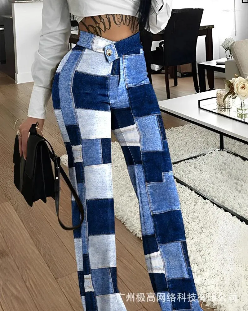 Damenhose, Denim-Look, bedruckt, überlappende Taille, Arbeit, Damen, Sommer, Frühling, Ganzkörperhose