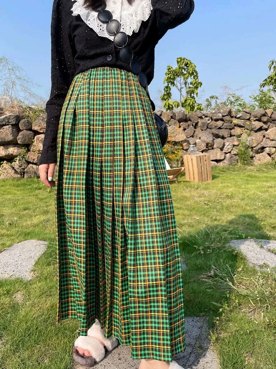 Green Plaid Grey Plaid Skirt 8x10 Skirts Vintage Women Long Plaid