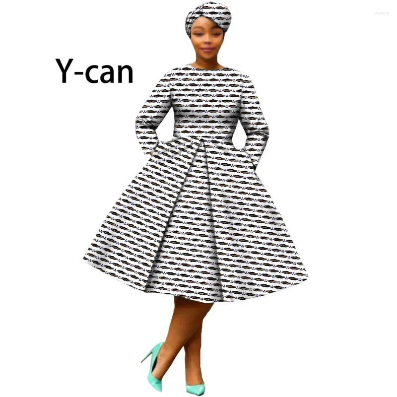 Vêtements ethniques Robes d'impression africaine pour femmes Bazin Riche Jupe drapée à manches longues avec poches Match Headwrap Vintage Party Robes