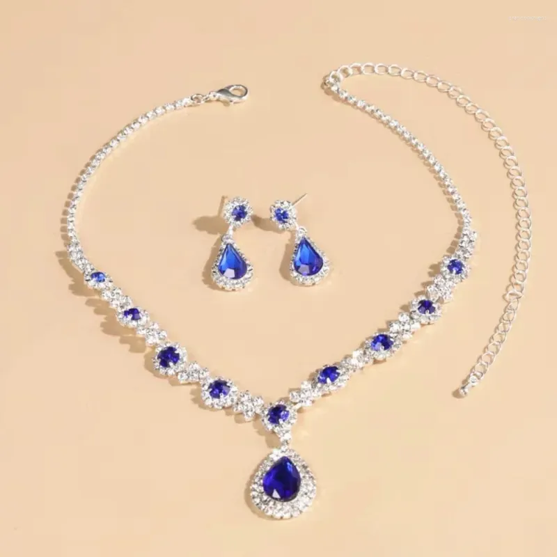 Halsbandörhängen Set Luxury Blue Crystal Big Pendant Fashion Teardrop Charm smycken Tillbehör för kvinnors alla hjärtans dag gåva