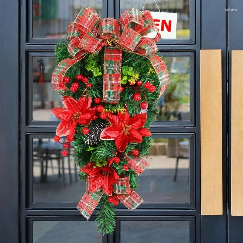 Flores decorativas flor de natal pendurado de cabeça para baixo árvore 2024 clássico vermelho verde grade grinalda porta shopping el atacado