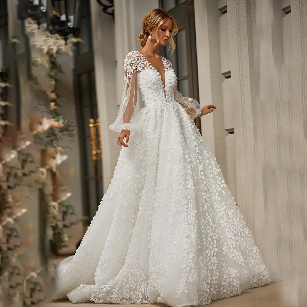 V-neck Long Sleeves Lace Tulle Wedding Dresses, Country Wedding Dresses, Bridal Gown V-neck Long Sleeves Lace Tulle Wedding Dresses, Country Wedding Dresses, Bridal Gown
