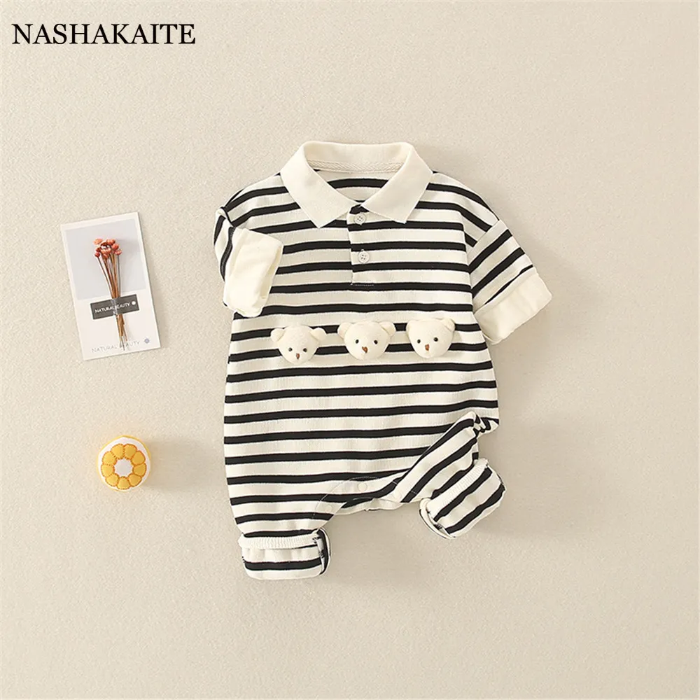 Rompers Spring and Autumn Baby Men's Botton Baby Koszyb Striped Baby Baby Cartoon Born Baby Tosit Dziecka Ubranie 0-18m 230408