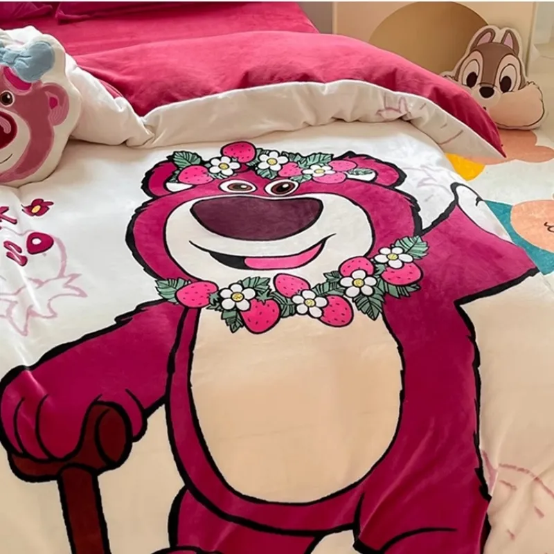Säng 4-delad vinter dubbelsidig tecknad barns lakan med plysch sängkläder