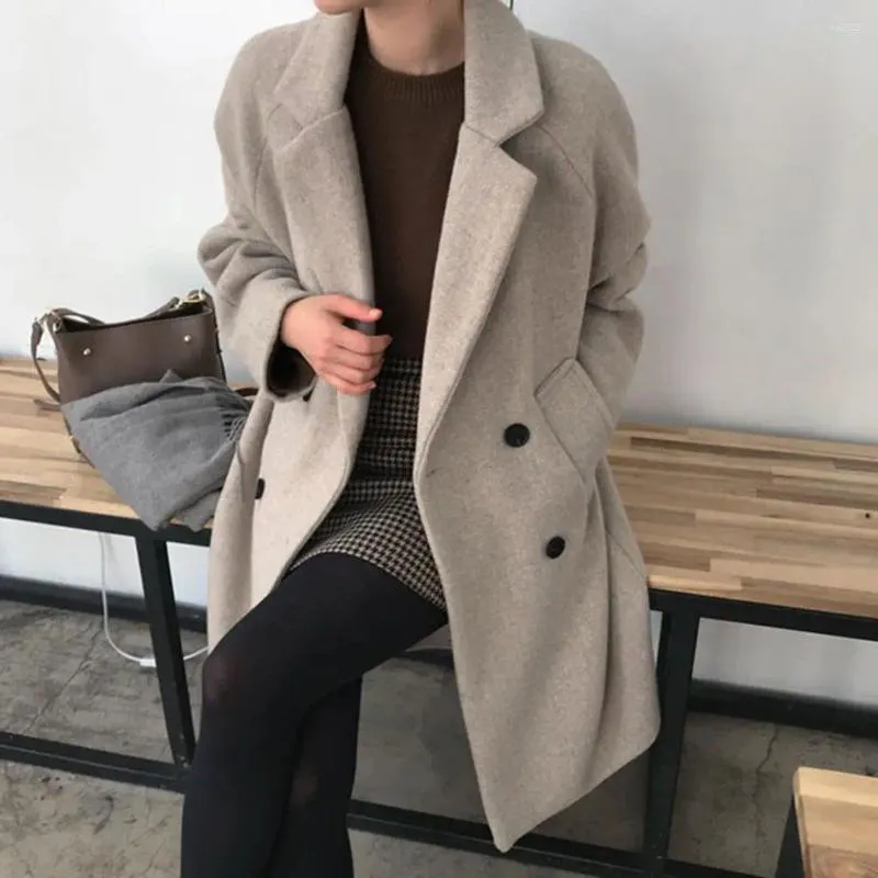 Kadın Ceketleri Kadın Bağlantı Tip Trençküzü Cepleri Yünlü Dönüş Yatak Düğmeleri Sonbahar Kış için Uzun Kollu Palto