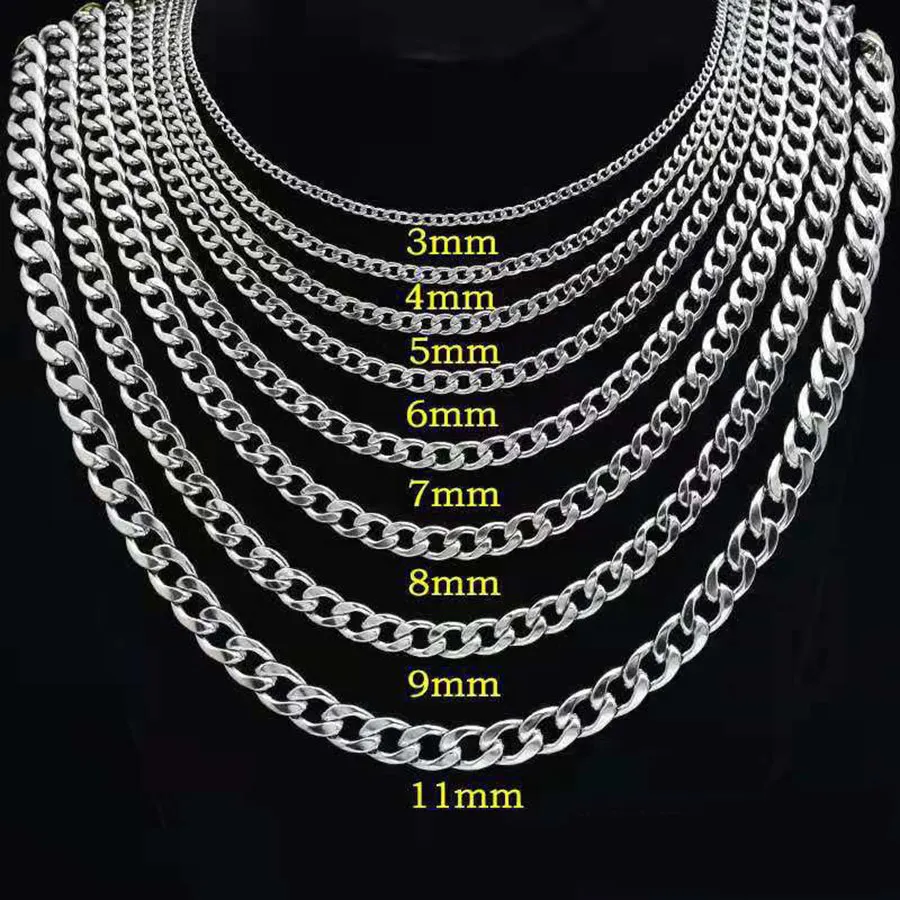 Rostfritt stål kubansk kedjehalsband för män kvinnor hip hop silver tjocka kedja halsband trottoarkant kedja halsband trend smycken 3mm 5mm 7mm 9mm 9mm