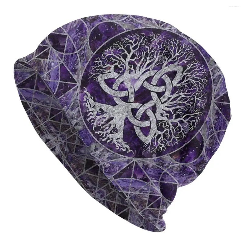 Berets Tree Of Life With Triquetra Amethyst And Silver Viking Washed Thin Bonnet Cycling Casual Beanies Protection Men Women Hats
