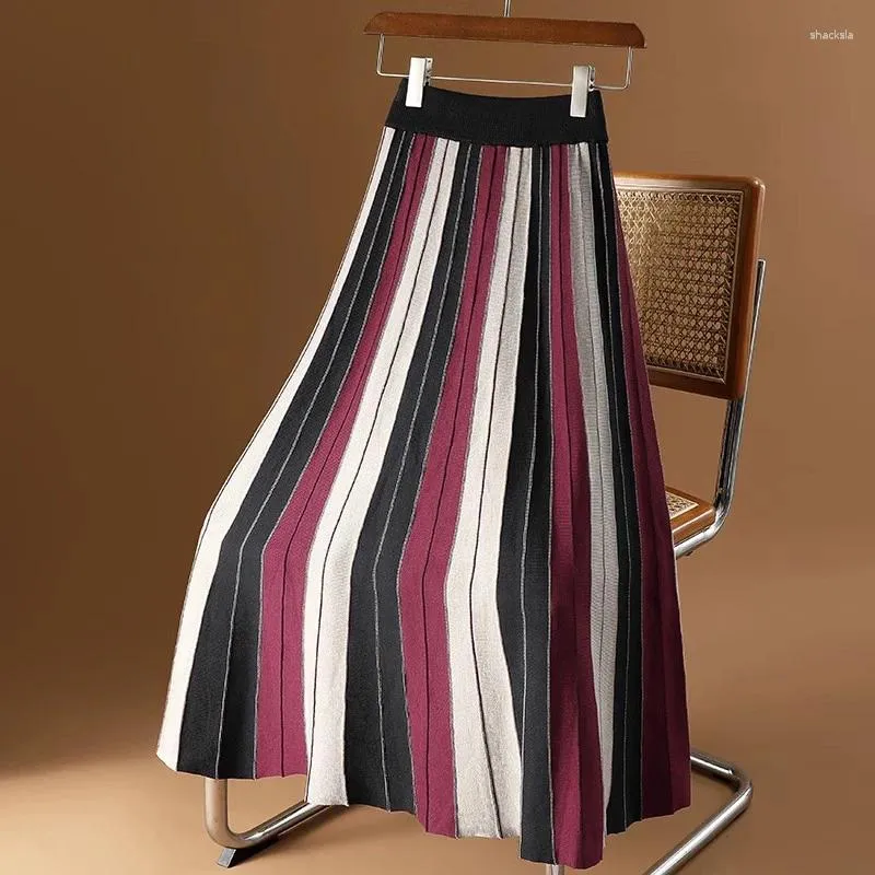 Skirts TIGENA Knitted Long Skirt For Women 2023 Fall Winter Fashion Contrast Striped A Line High Waist Pleated Midi Female Ladies