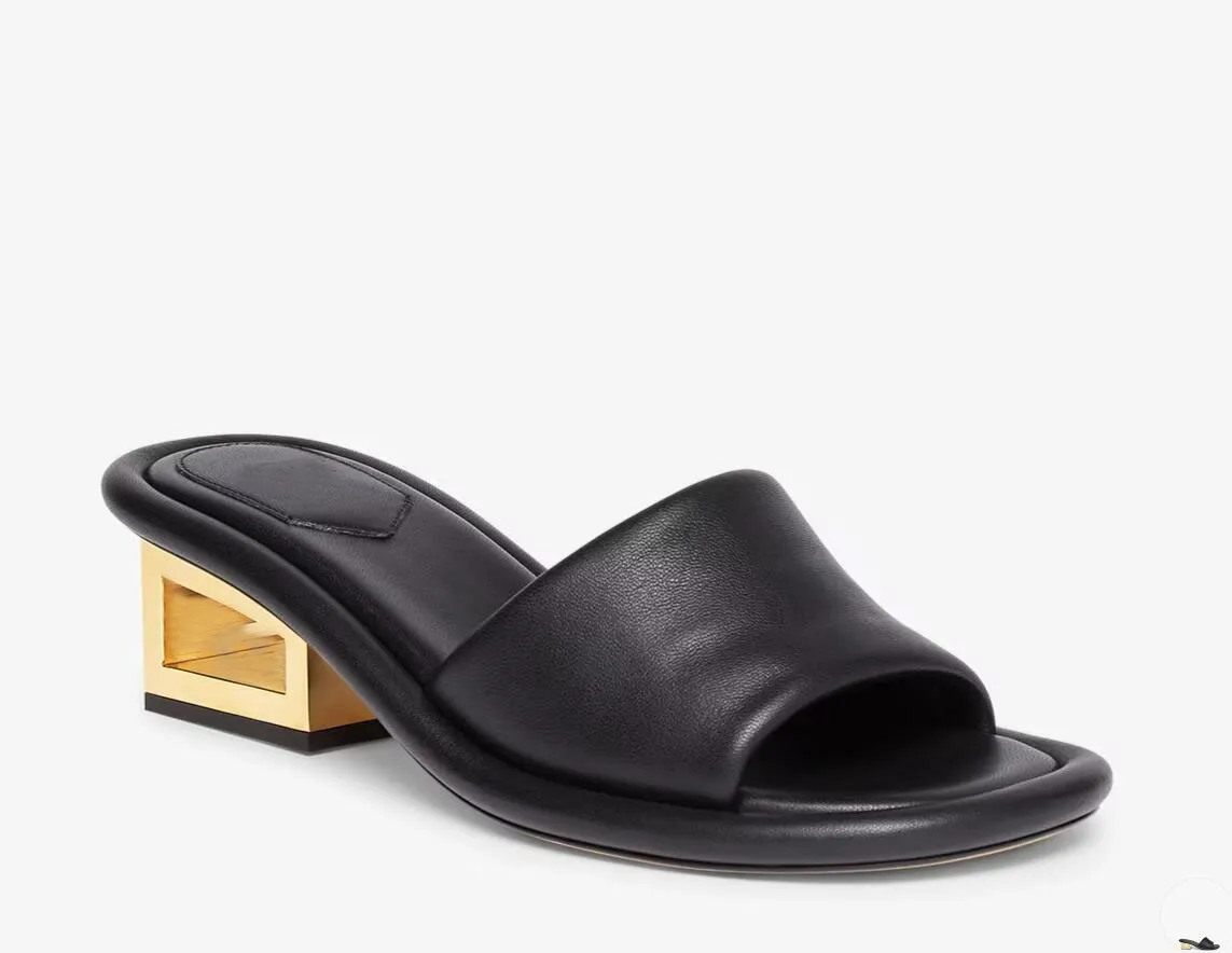 Luxury women sandal slippers Roma heel Baguette Black nappa leather slides Sculptural heel with F-F Baguette motif gold-finish metal 35-42 Box