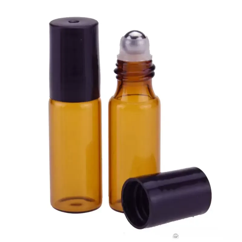 Partihandel 3 ml 5 ml Amber Glass Roll On Bottle Travel Essential Oil Parfymflaska med rostfritt stålkulor Kvalitet