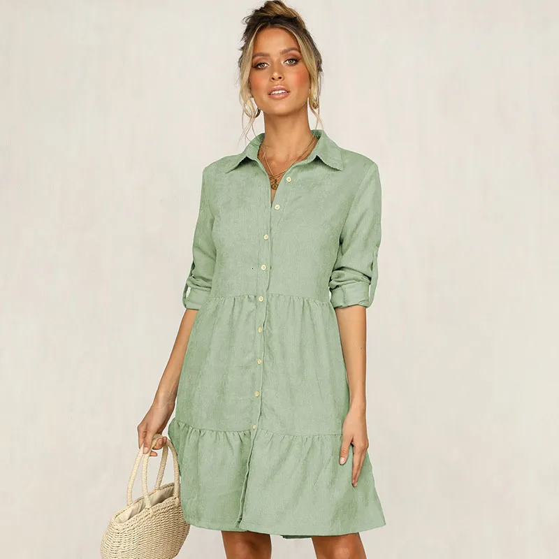 Ruffled A-line button up dress for Women - Casual Fashion Shirt button up dress with button Lapel and Long Sleeves - Perfect for Spring Parties - Pink