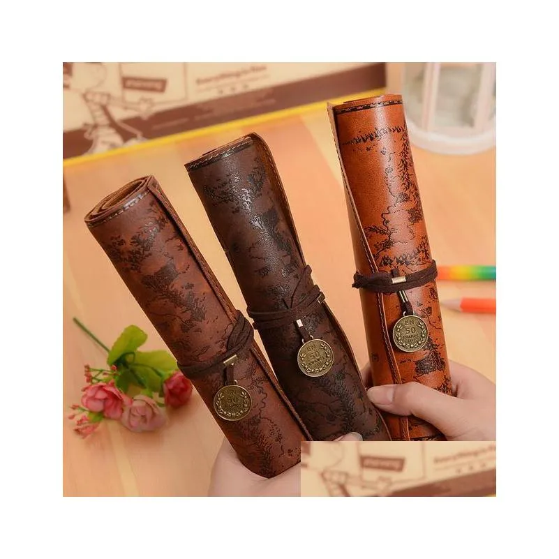 Pencil Bags Vintage Retro Treasure Map Cases Luxury Roll Leather Pu Pen Bag Pouch For Schreibwaren Schulbedarf Make Up Cosmetic G1 Dhpws