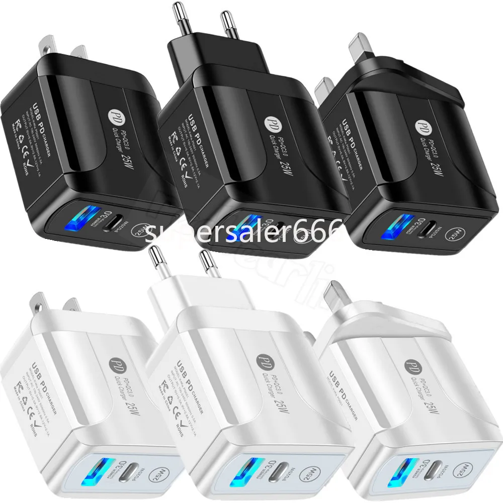 Chargeur mural PD USB C à charge rapide rapide 25W 18W 20W EU US UK 2Ports QC3.0 Type C Adaptateurs d'alimentation pour Iphone X XR 12 13 14 Pro Max Samsung S1 avec boîte de vente au détail