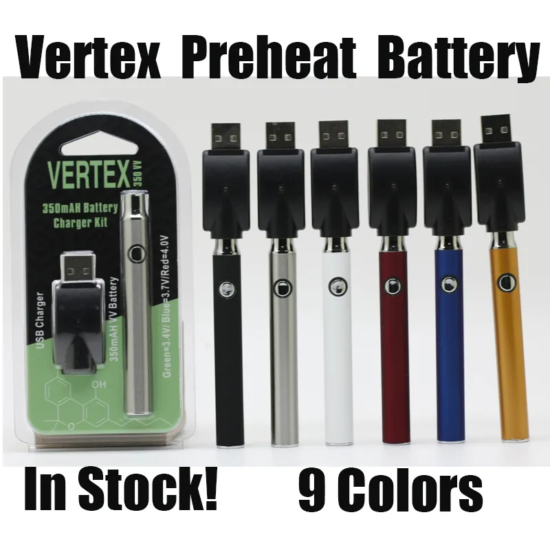 Batteria Vertex 350mAh Preriscaldamento batterie Kit caricabatterie USB blister a tensione variabile per cartuccia a 510 fili Penna a 9 colori