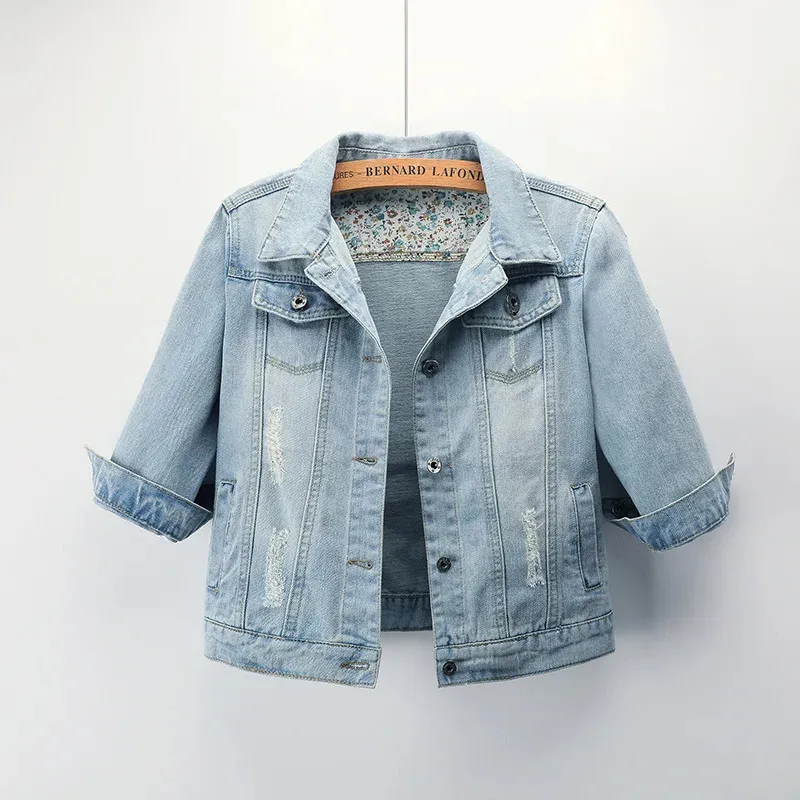 Women's Jackets S-5XL Light Blue Women Short Denim Jacket Spring Autumn Half Sleeve Turn Down Collar Frayed Hole Jackets Washed Jean Outerwear 231108