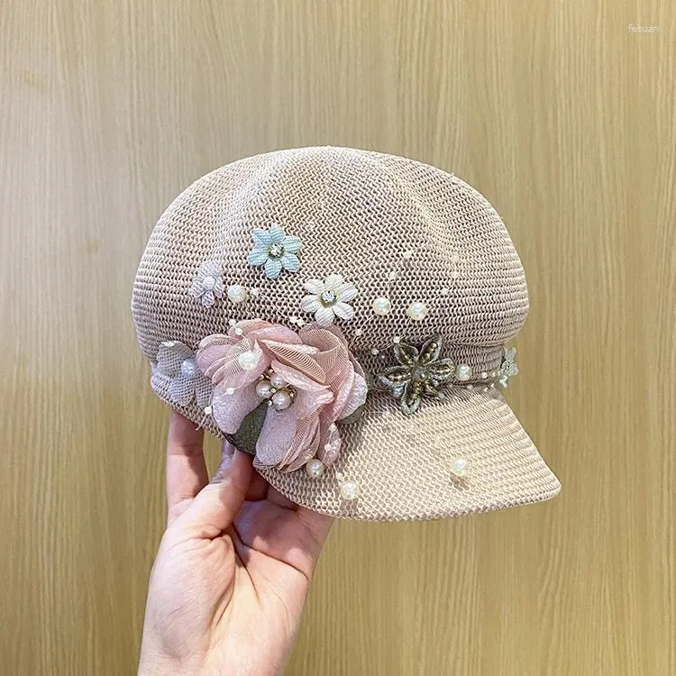 Beralar 2023-Pearl Çiçek Ventilasyonu Lady Leisure Sekizgen Şapka Kadın Vizörleri Korece Stil için Kadın Şapkalar Kapakları