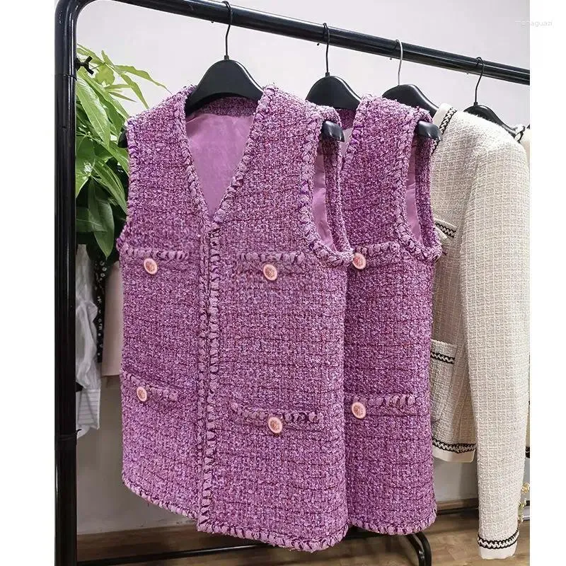 Gilets pour femmes épais Tweed violet sans manches mi-longueur gilet veste haut femmes mode col en v manteau 2023 automne hiver