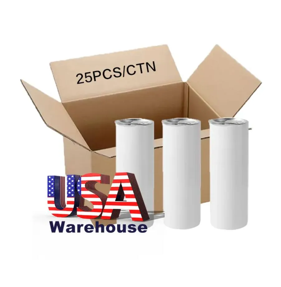 USA Warehouse 25pc/Carton Sublimation Tumblers 20オンスステンレス鋼二重壁断熱まっすぐな空白の白い白水カップと熱伝達のための蓋とストローGG1019